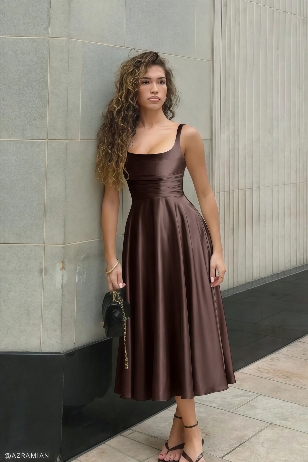 Abby Chocolate Brown Satin Square Neck Ruched Midi Dress