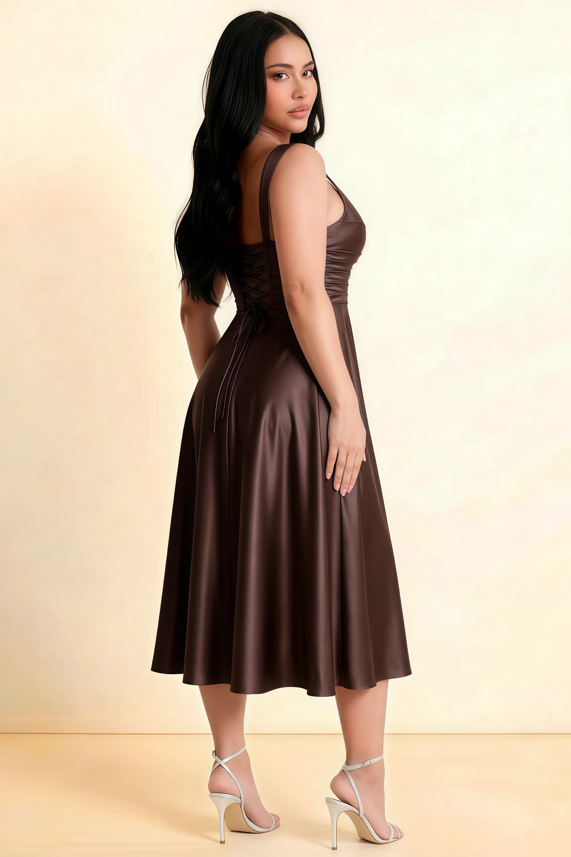 Abby Chocolate Brown Satin Square Neck Ruched Midi Dress