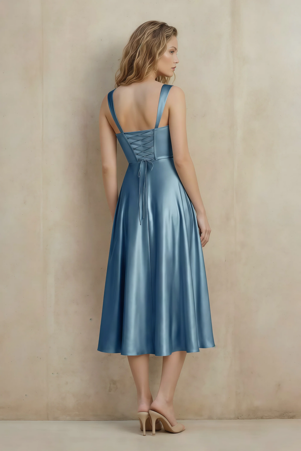 Abby Dusty Blue Satin Square Neck Ruched Midi Dress