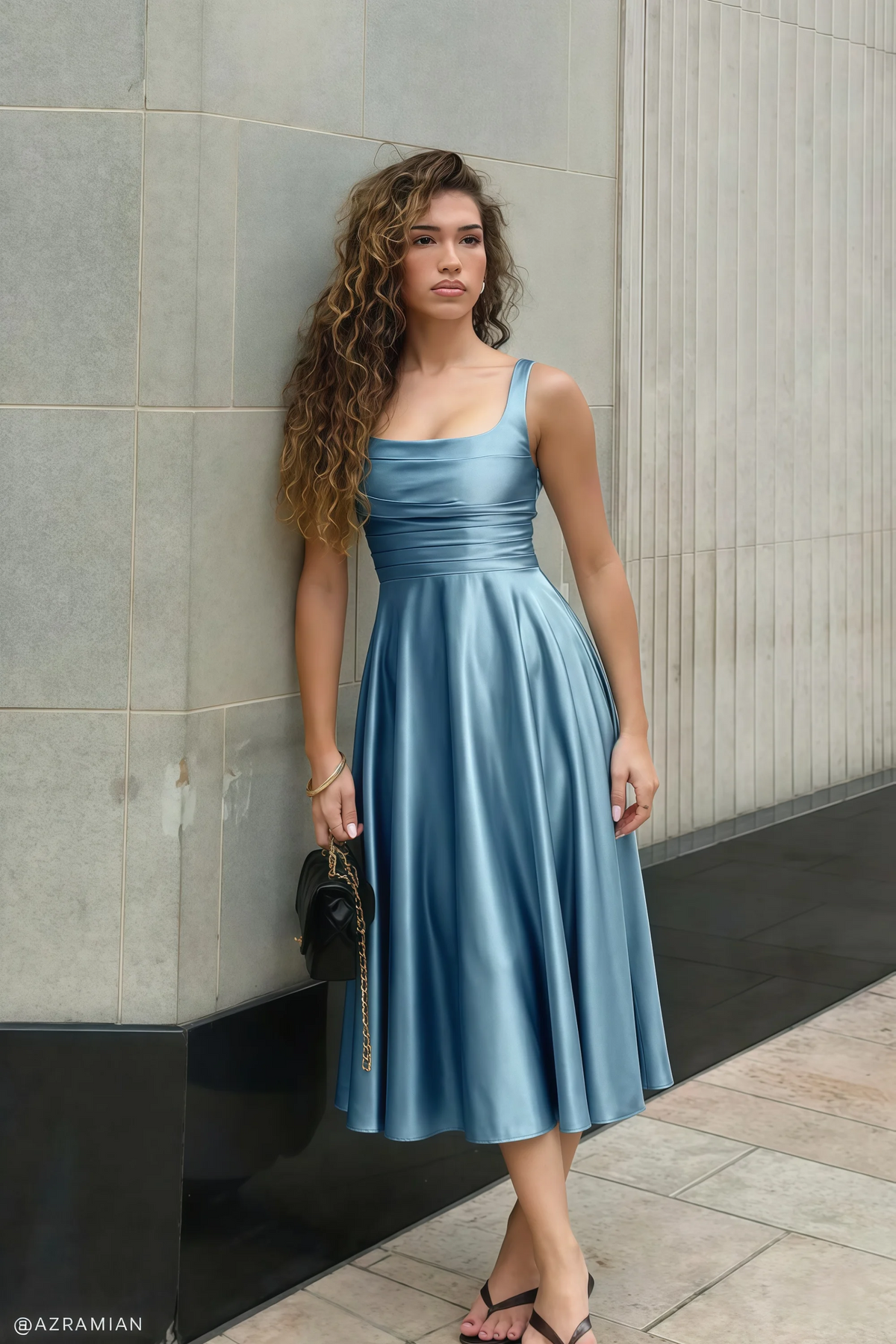 Abby Dusty Blue Satin Square Neck Ruched Midi Dress