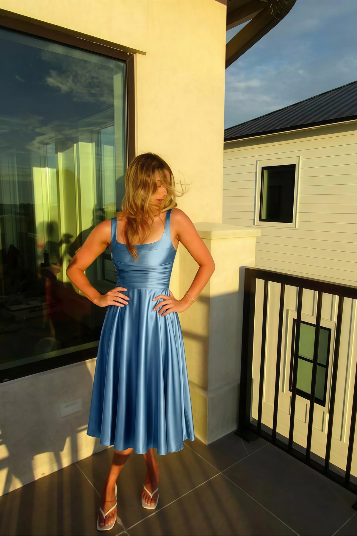 Abby Dusty Blue Satin Square Neck Ruched Midi Dress