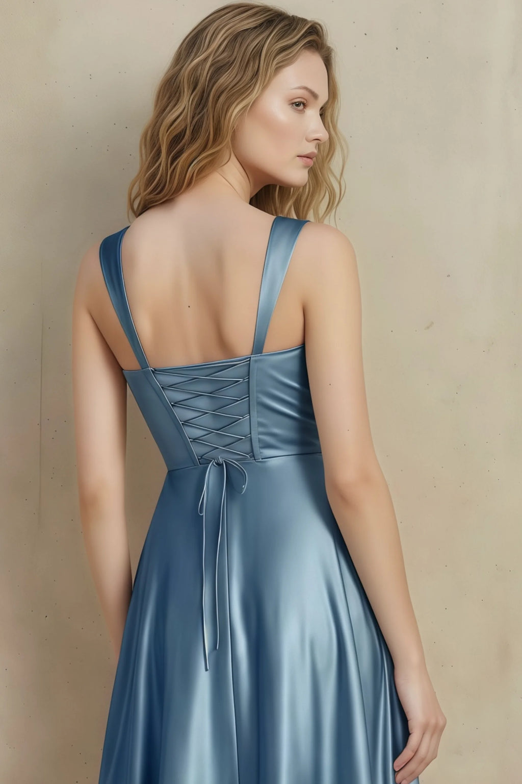 Abby Dusty Blue Satin Square Neck Ruched Midi Dress