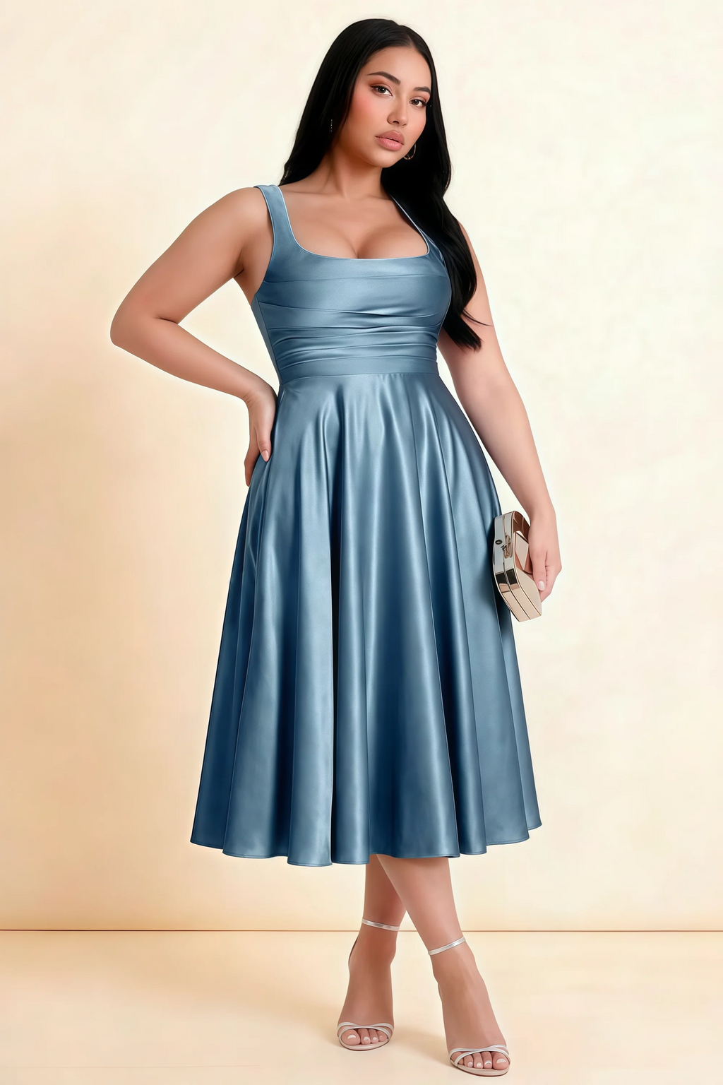 Abby Dusty Blue Satin Square Neck Ruched Midi Dress