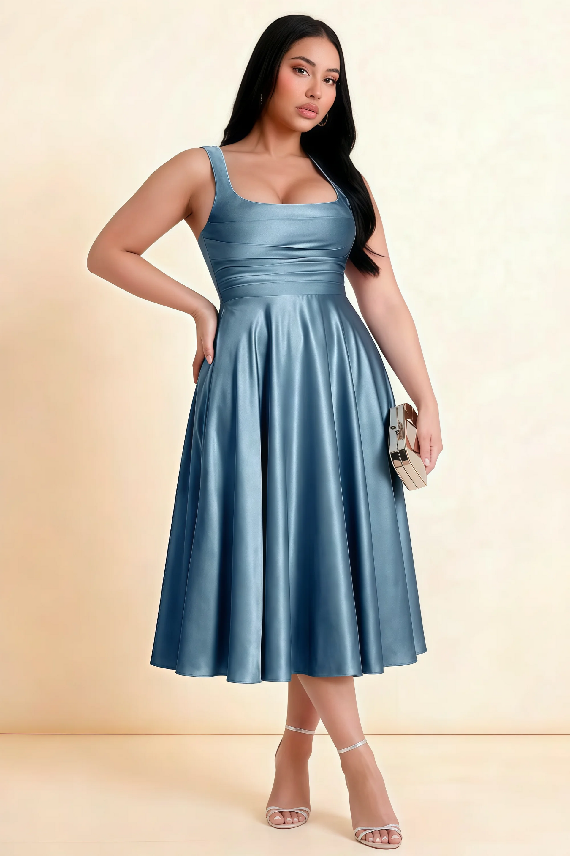 Abby Dusty Blue Satin Square Neck Ruched Midi Dress