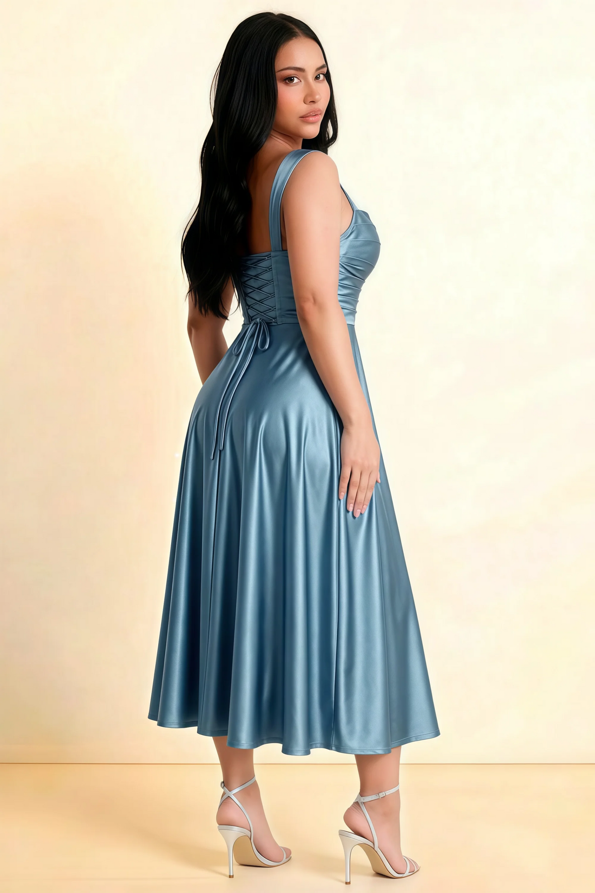 Abby Dusty Blue Satin Square Neck Ruched Midi Dress