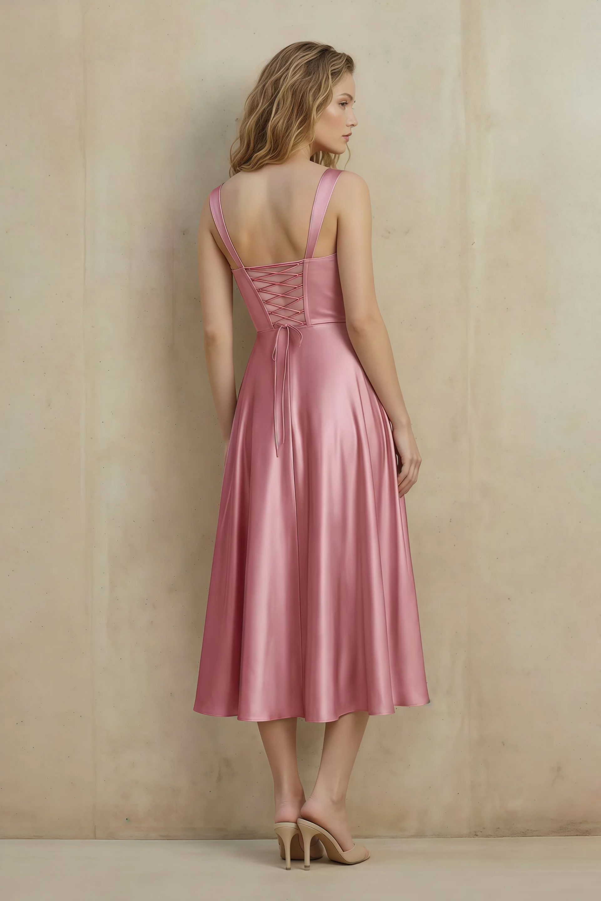 Abby Dusty Rose Satin Square Neck Ruched Midi Dress