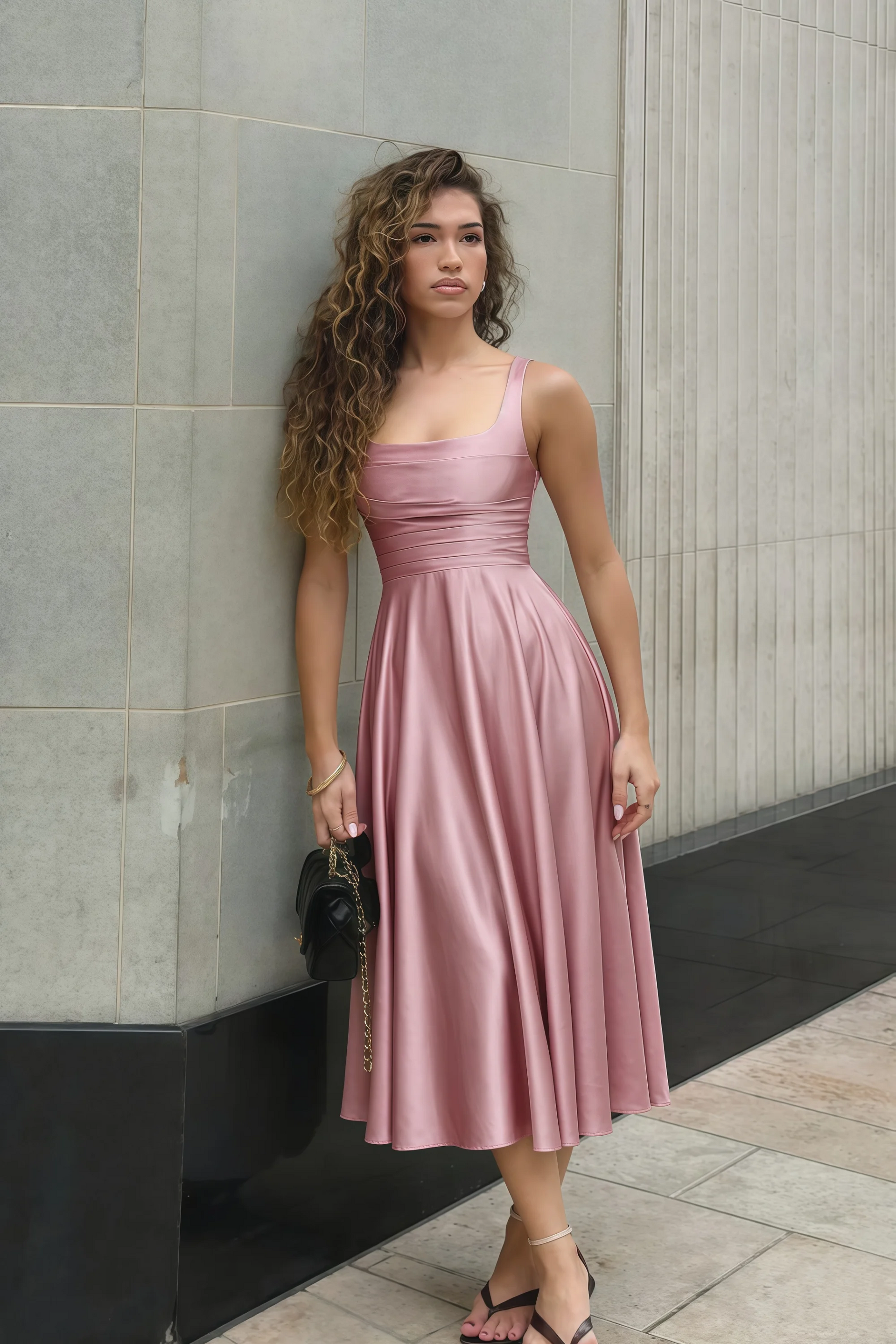 Abby Dusty Rose Satin Square Neck Ruched Midi Dress
