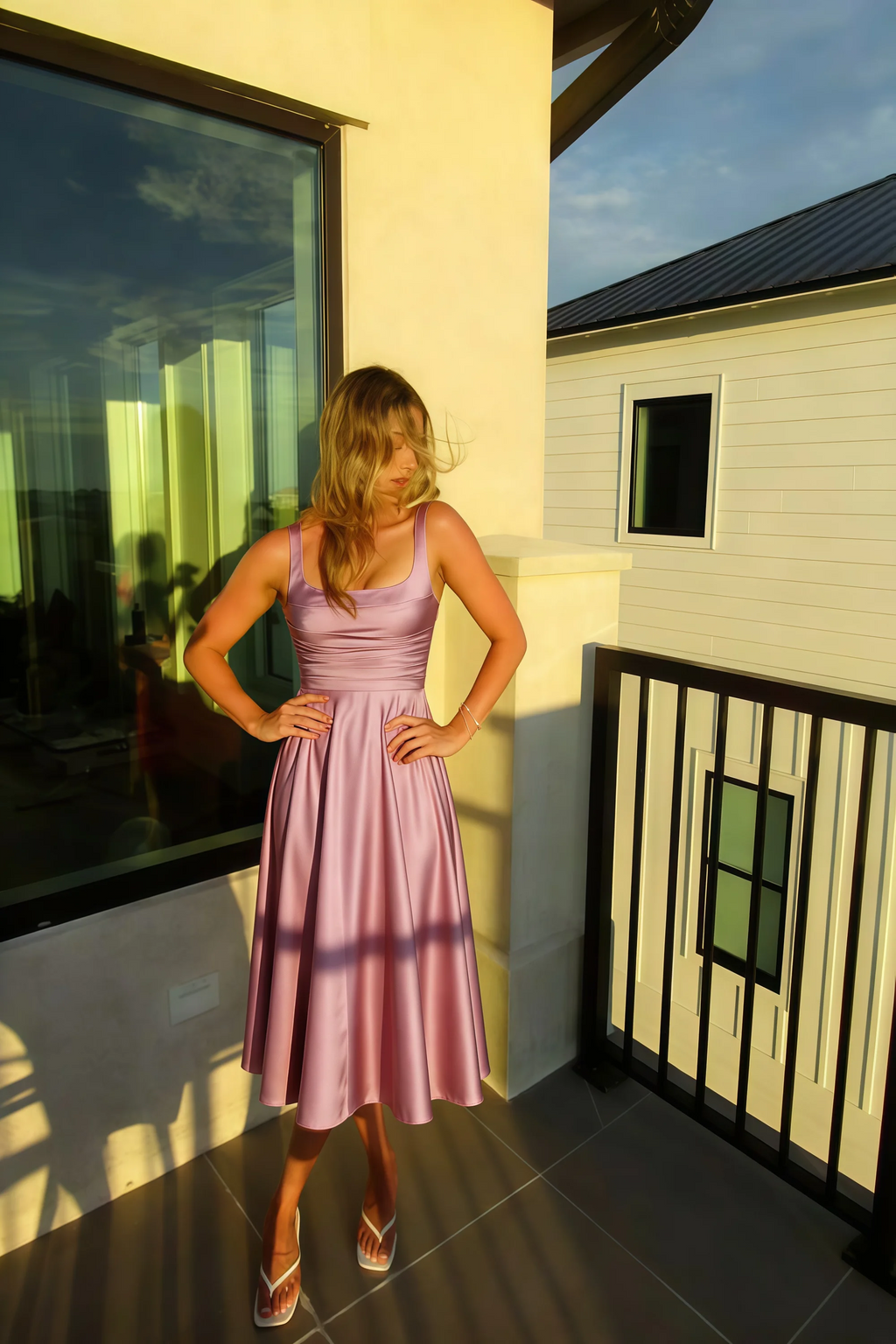 Abby Dusty Rose Satin Square Neck Ruched Midi Dress