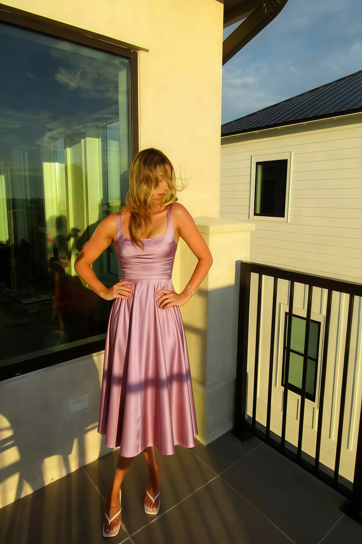 Abby Dusty Rose Satin Square Neck Ruched Midi Dress