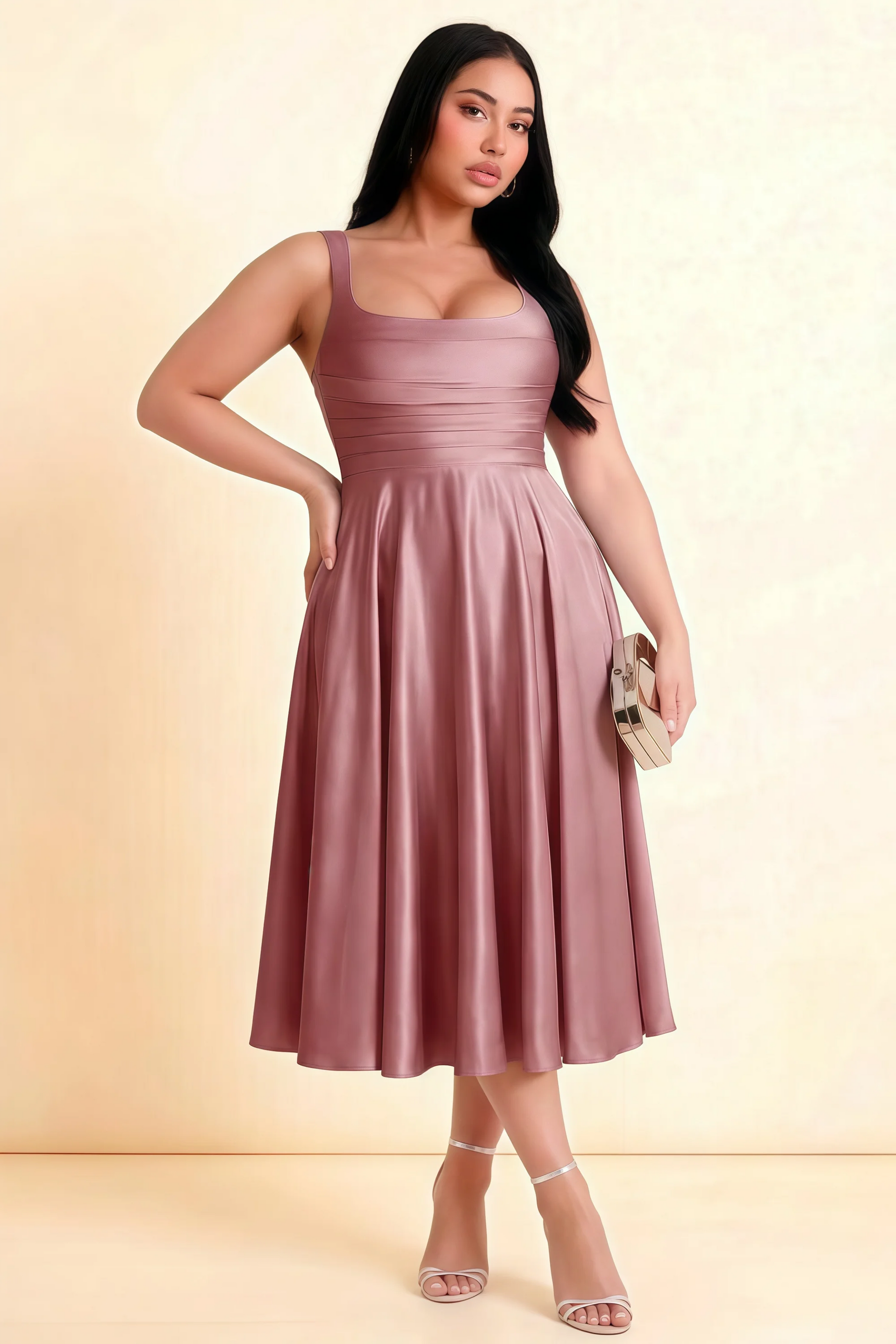 Abby Dusty Rose Satin Square Neck Ruched Midi Dress