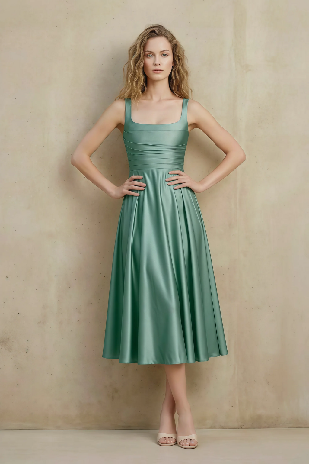 Abby Dusty Sage Satin Square Neck Ruched Midi Dress