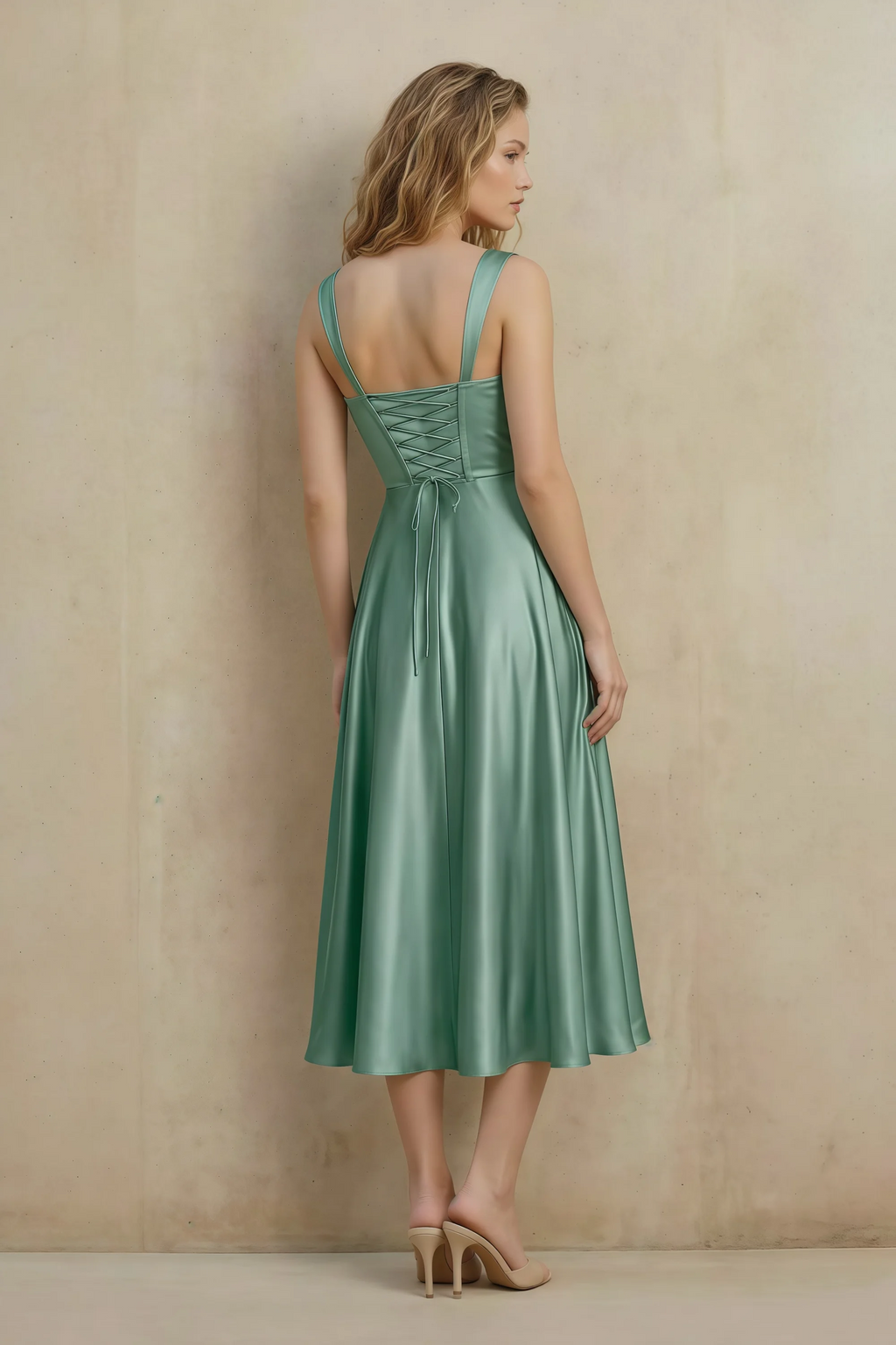 Abby Dusty Sage Satin Square Neck Ruched Midi Dress