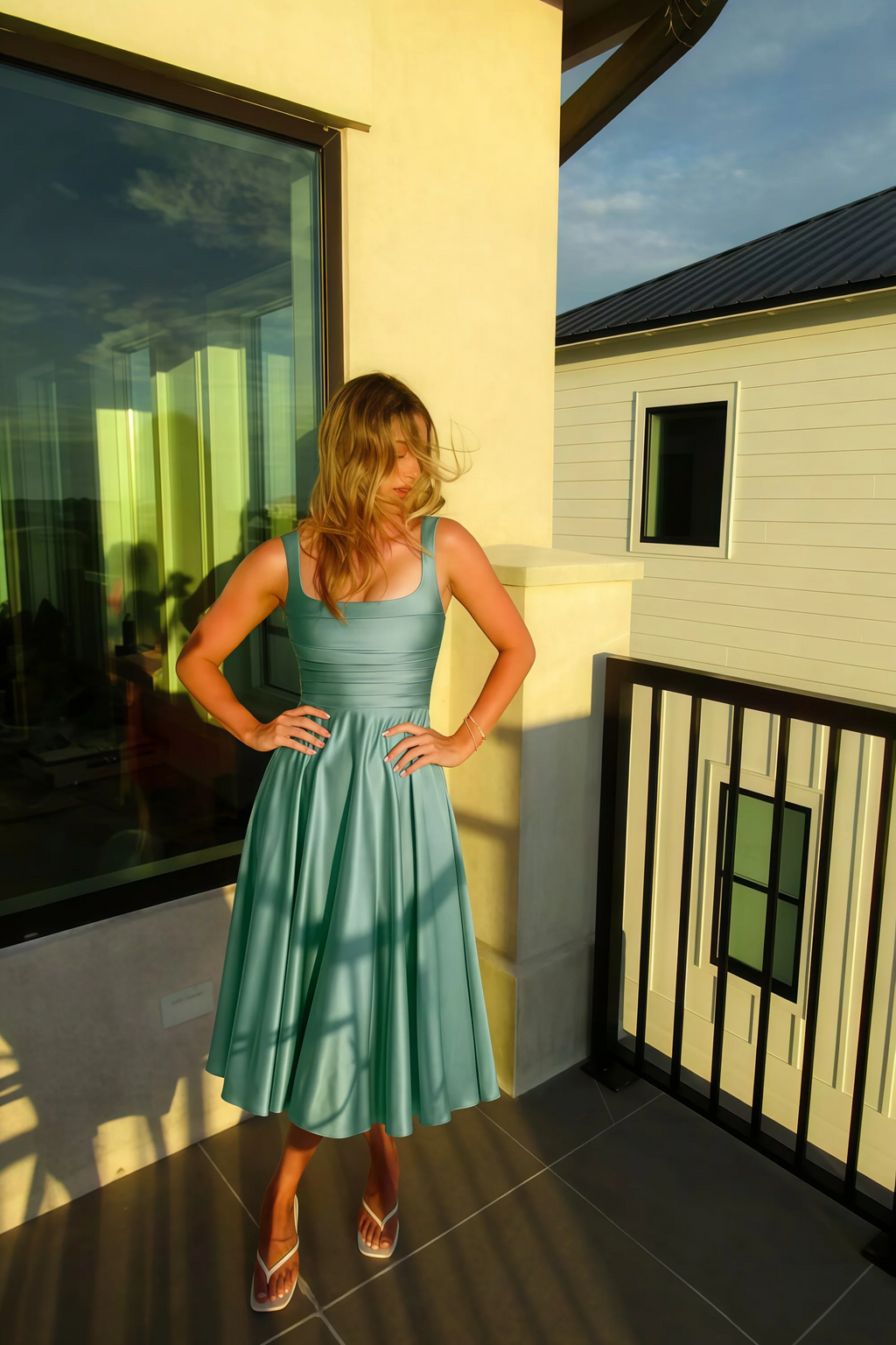 Abby Dusty Sage Satin Square Neck Ruched Midi Dress