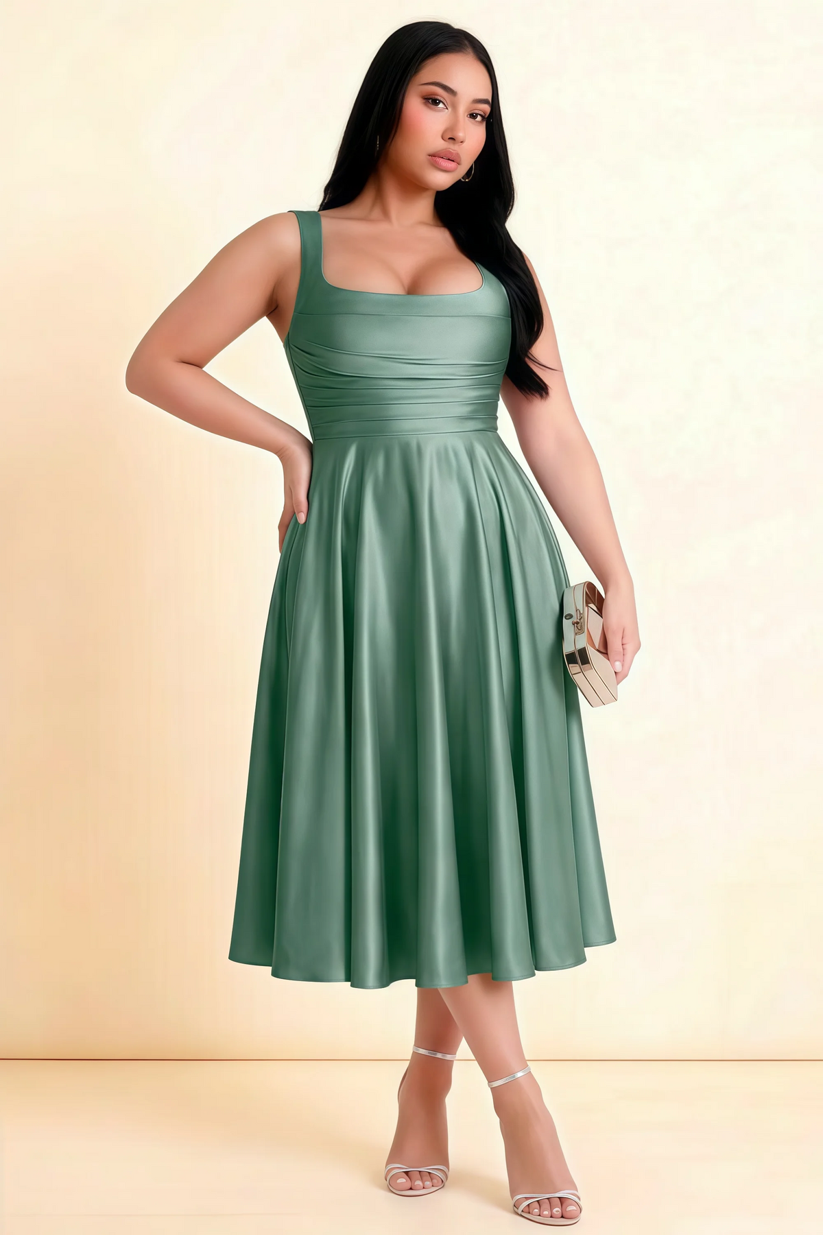 Abby Dusty Sage Satin Square Neck Ruched Midi Dress