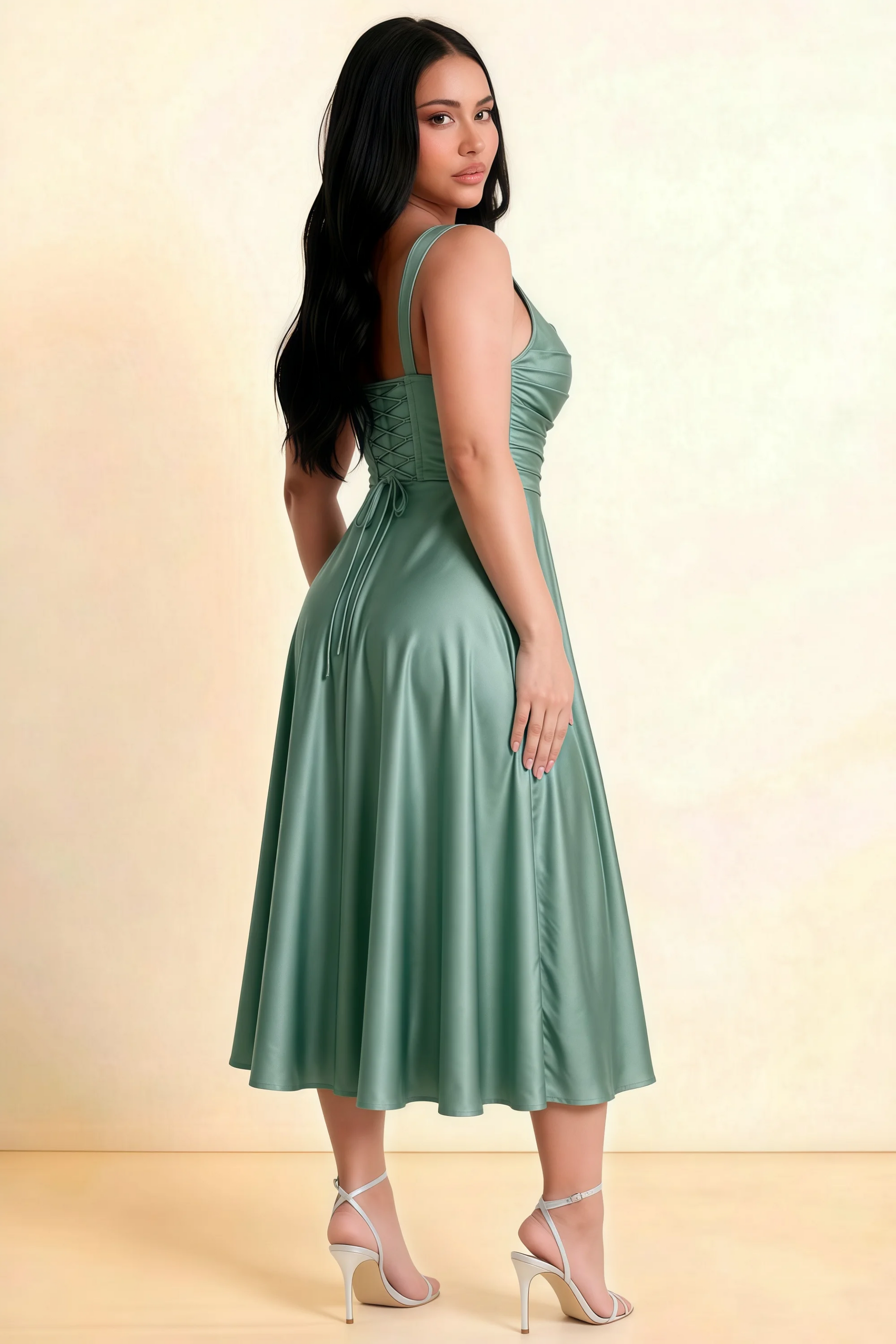 Abby Dusty Sage Satin Square Neck Ruched Midi Dress