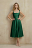 Abby Emerald Green Satin Square Neck Ruched Midi Dress