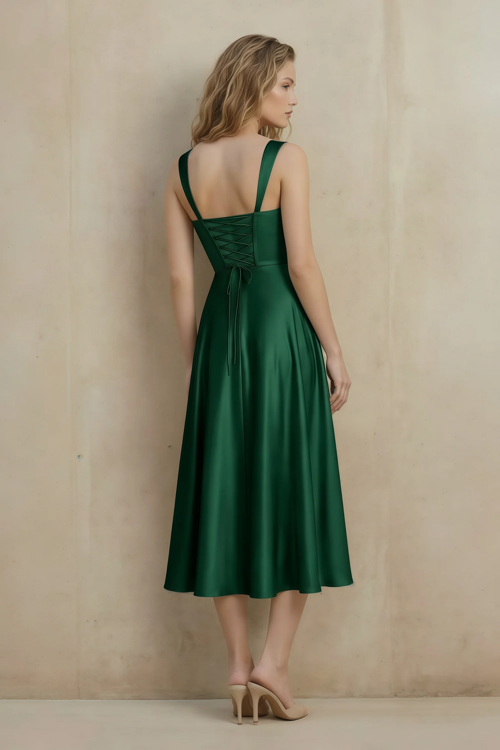 Abby Emerald Green Satin Square Neck Ruched Midi Dress
