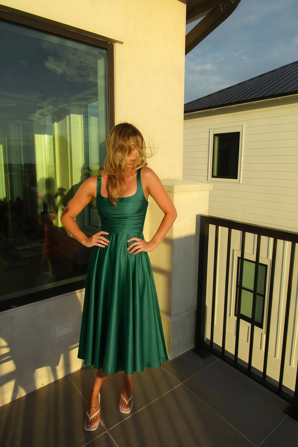 Abby Emerald Green Satin Square Neck Ruched Midi Dress