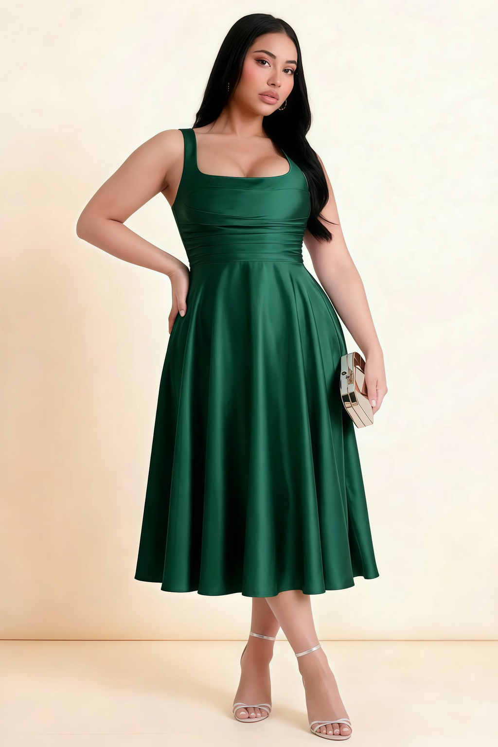 Abby Emerald Green Satin Square Neck Ruched Midi Dress