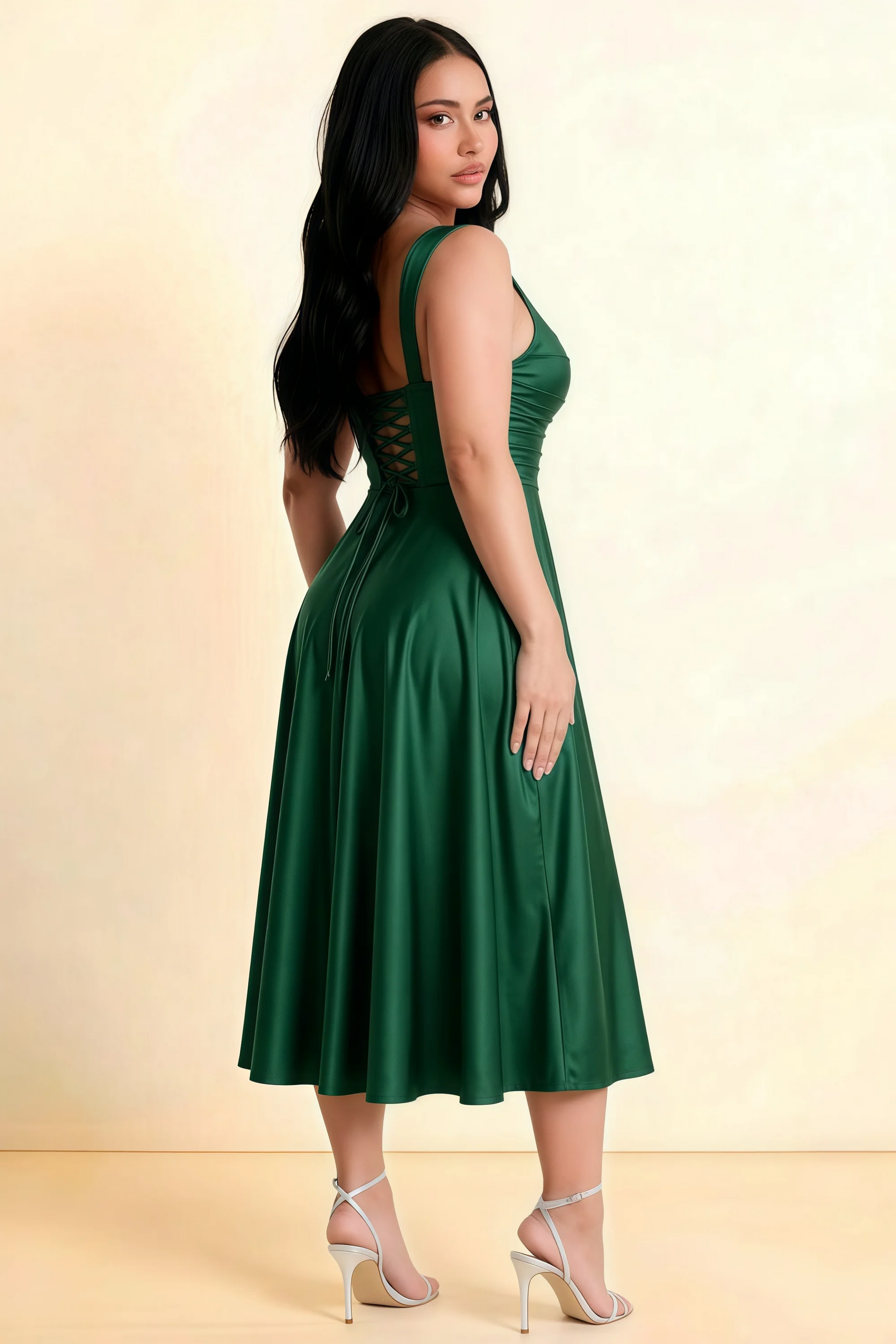 Abby Emerald Green Satin Square Neck Ruched Midi Dress