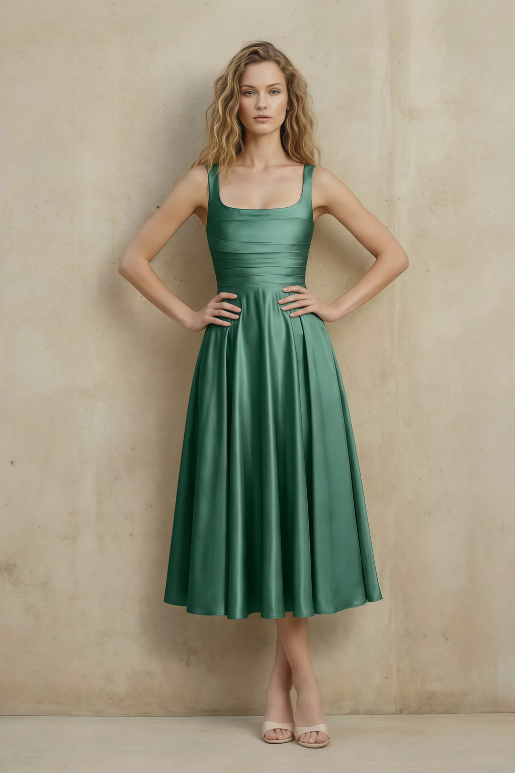 Abby Eucalyptus Satin Square Neck Ruched Midi Dress