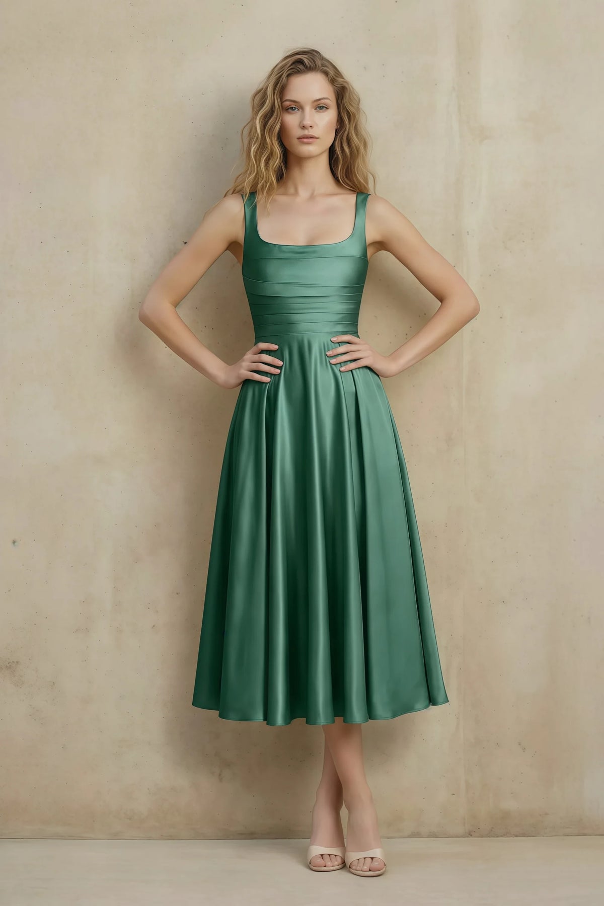 Front view of the LVLVS Abby eucalyptus midi dress, showing the square neckline, wide straps, ruched waist and flared skirt. Main image