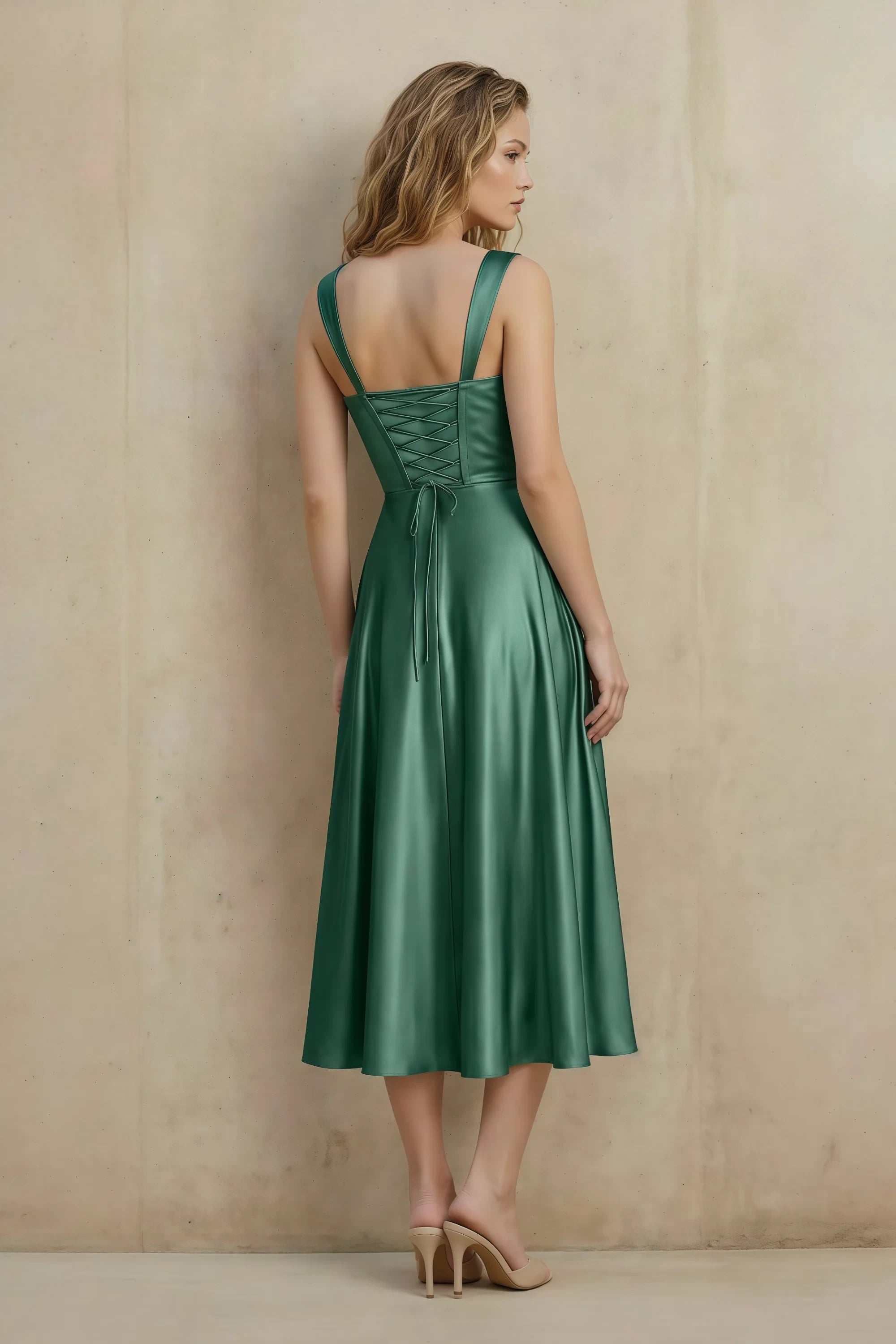 Abby Eucalyptus Satin Square Neck Ruched Midi Dress Secondary image