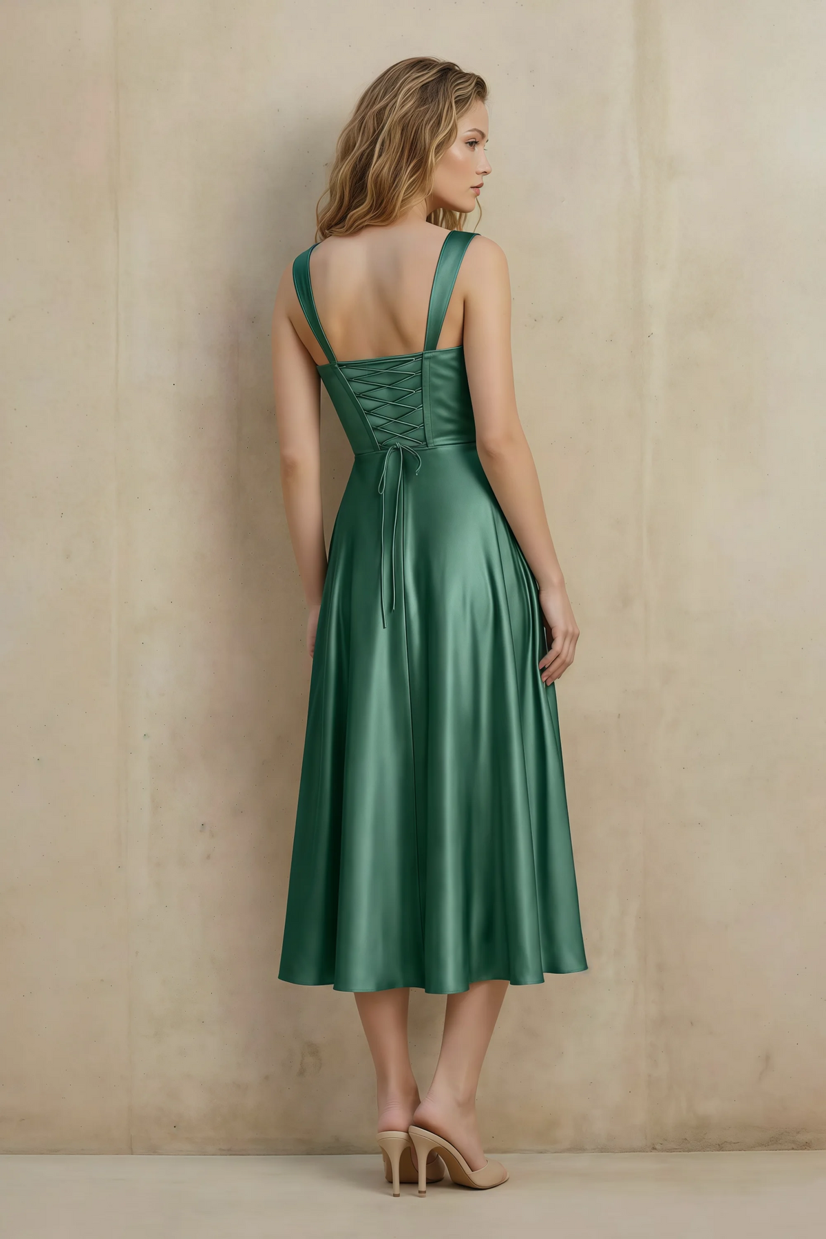 Abby Eucalyptus Satin Square Neck Ruched Midi Dress