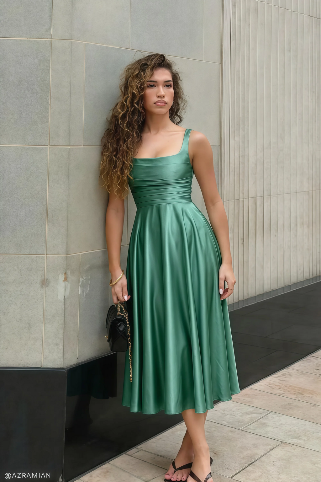 Abby Eucalyptus Satin Square Neck Ruched Midi Dress