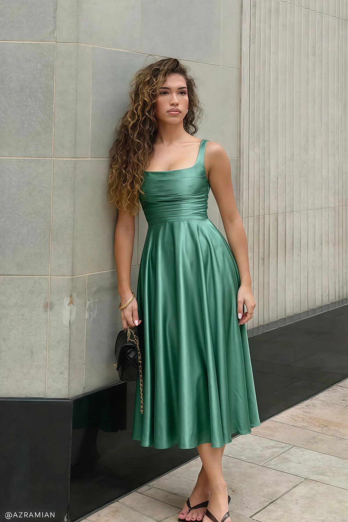 Abby Eucalyptus Satin Square Neck Ruched Midi Dress