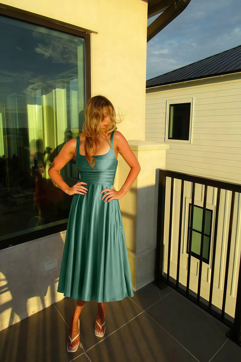 Abby Eucalyptus Satin Square Neck Ruched Midi Dress