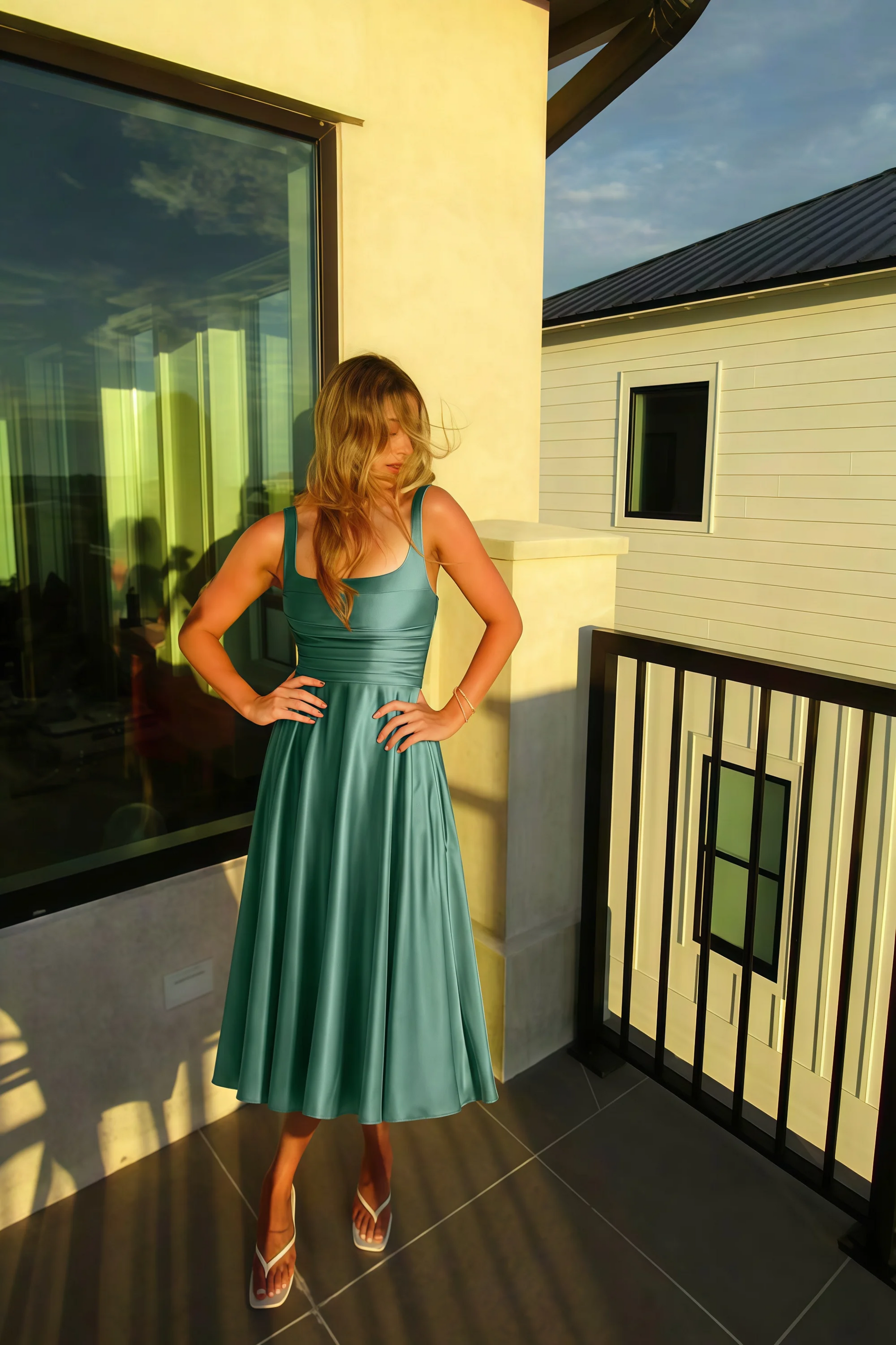 Abby Eucalyptus Satin Square Neck Ruched Midi Dress