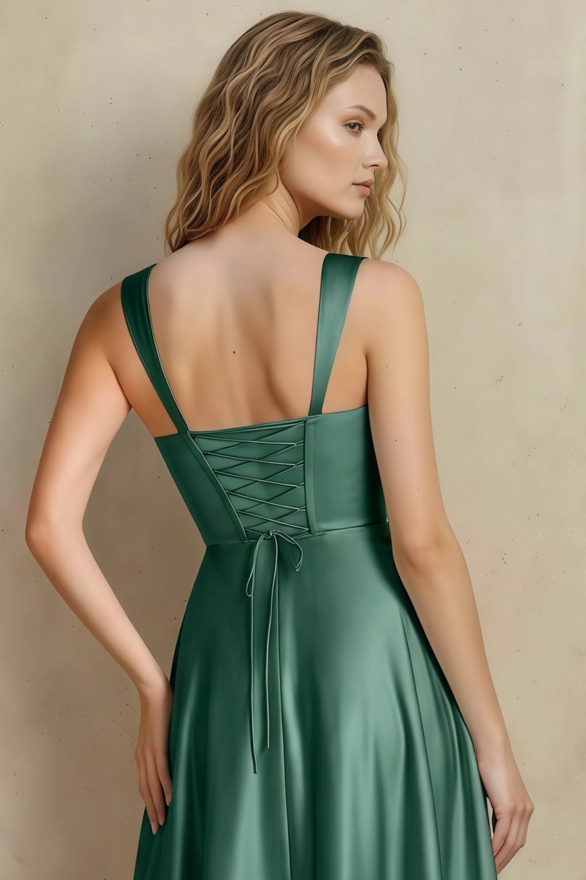 Abby Eucalyptus Satin Square Neck Ruched Midi Dress