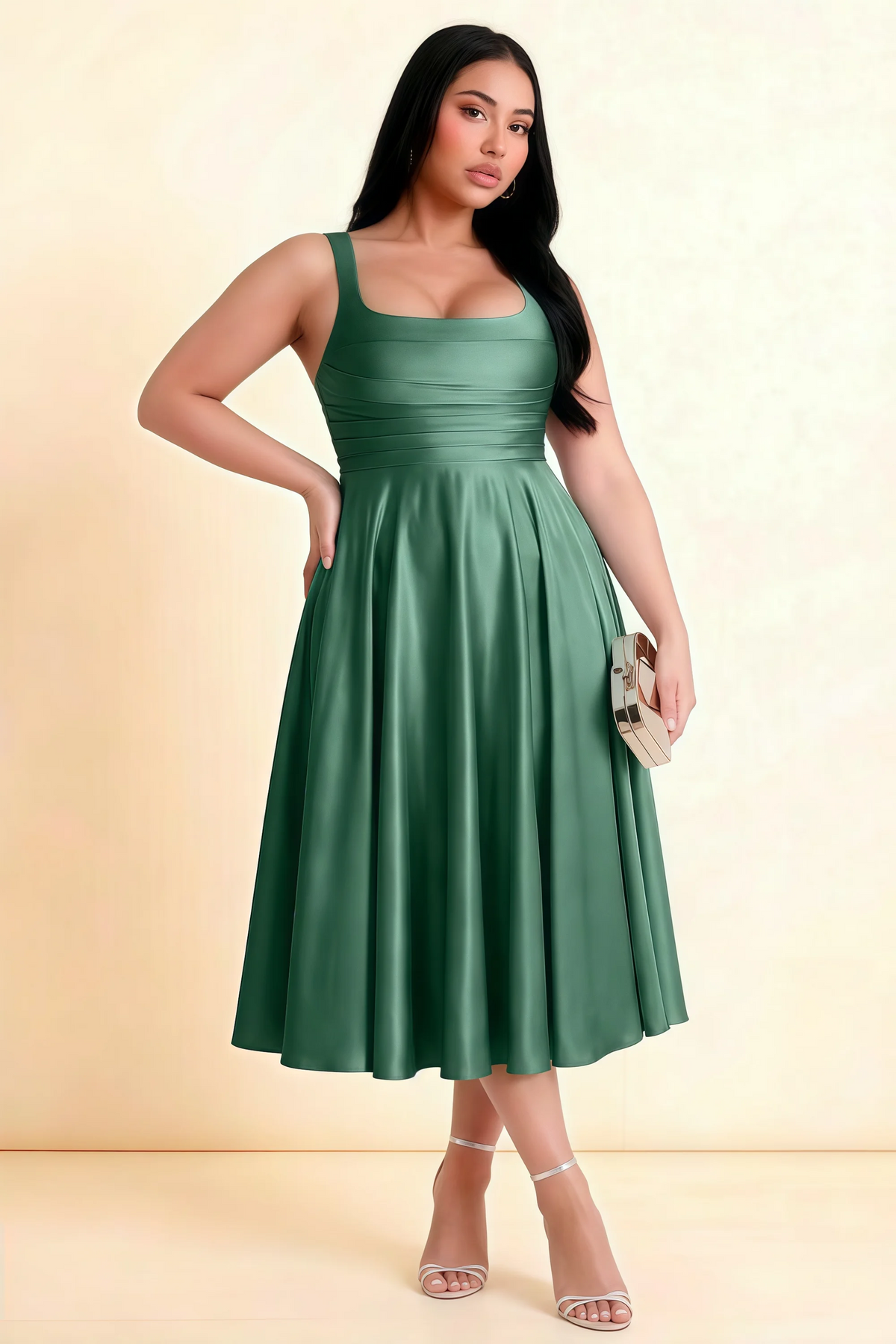Abby Eucalyptus Satin Square Neck Ruched Midi Dress