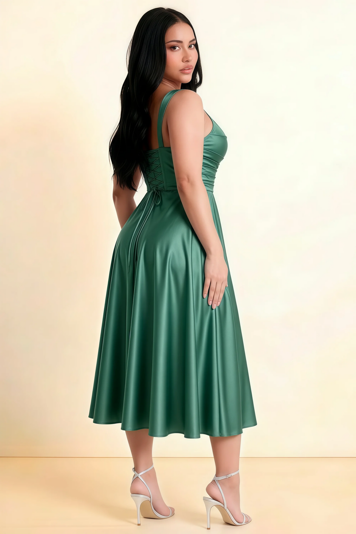 Abby Eucalyptus Satin Square Neck Ruched Midi Dress