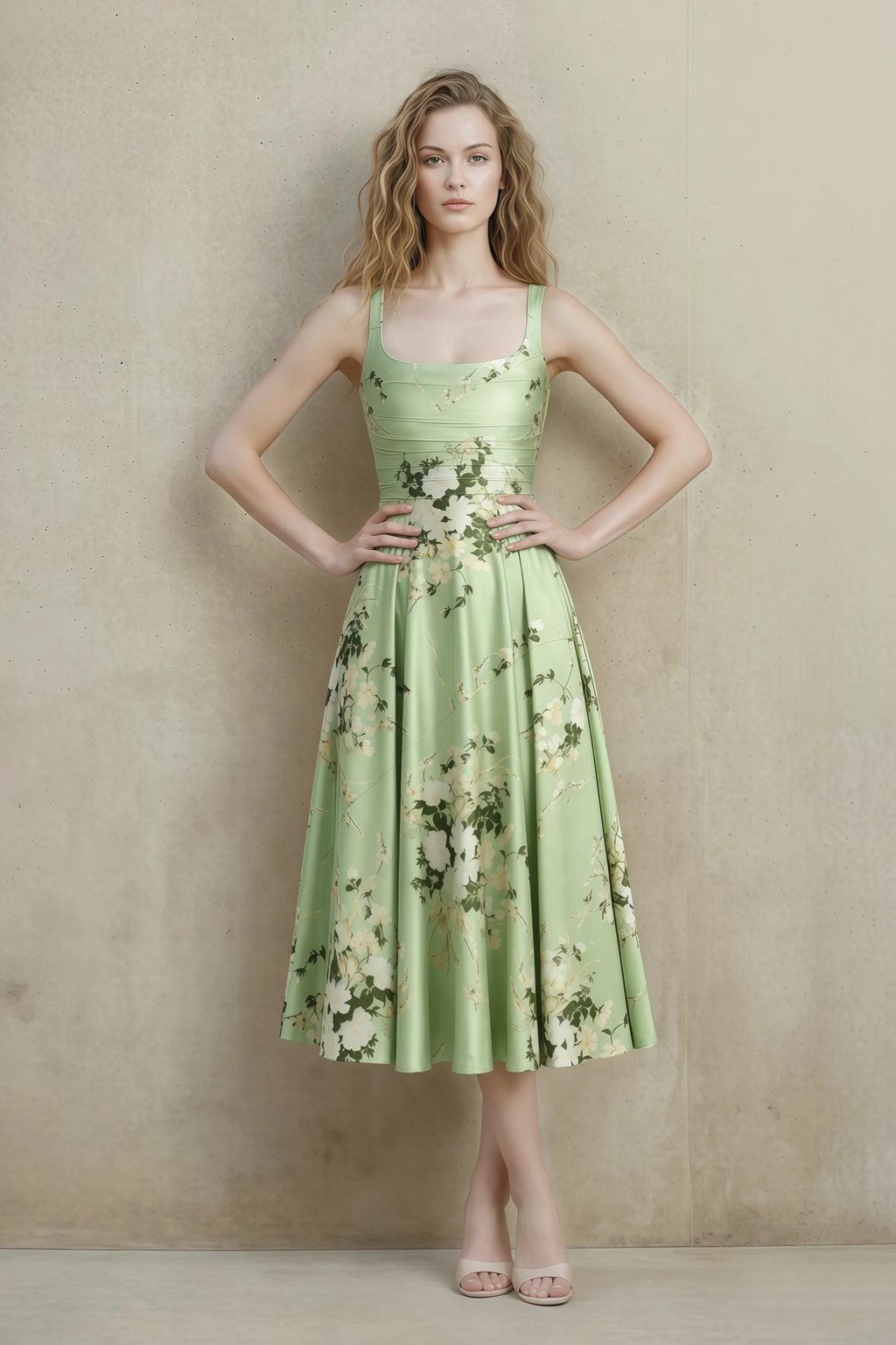 Abby Green Floral Square Neck Ruched Midi Dress