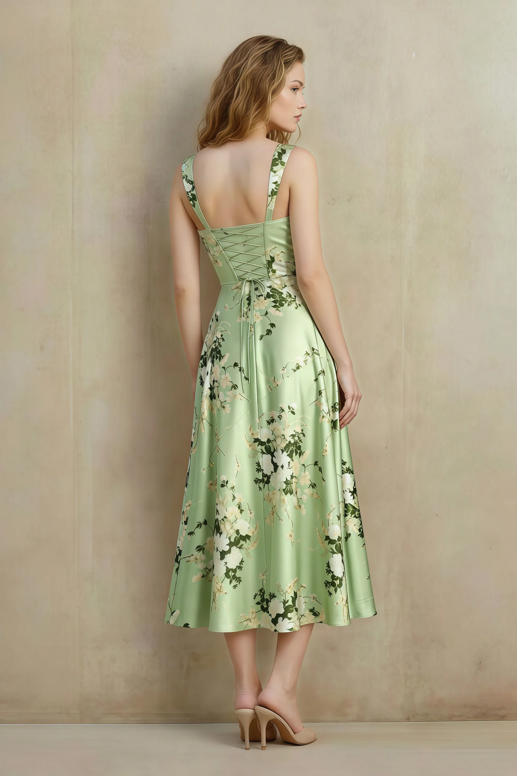 Abby Green Floral Square Neck Ruched Midi Dress