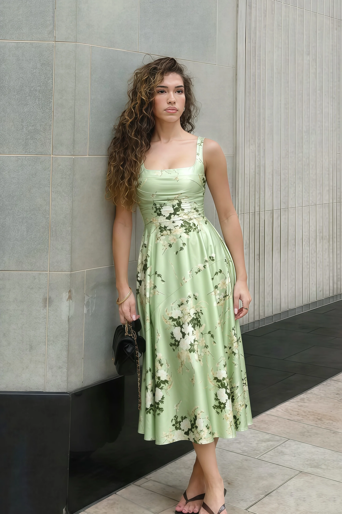 Abby Green Floral Square Neck Ruched Midi Dress