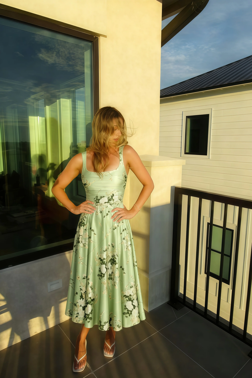 Abby Green Floral Square Neck Ruched Midi Dress