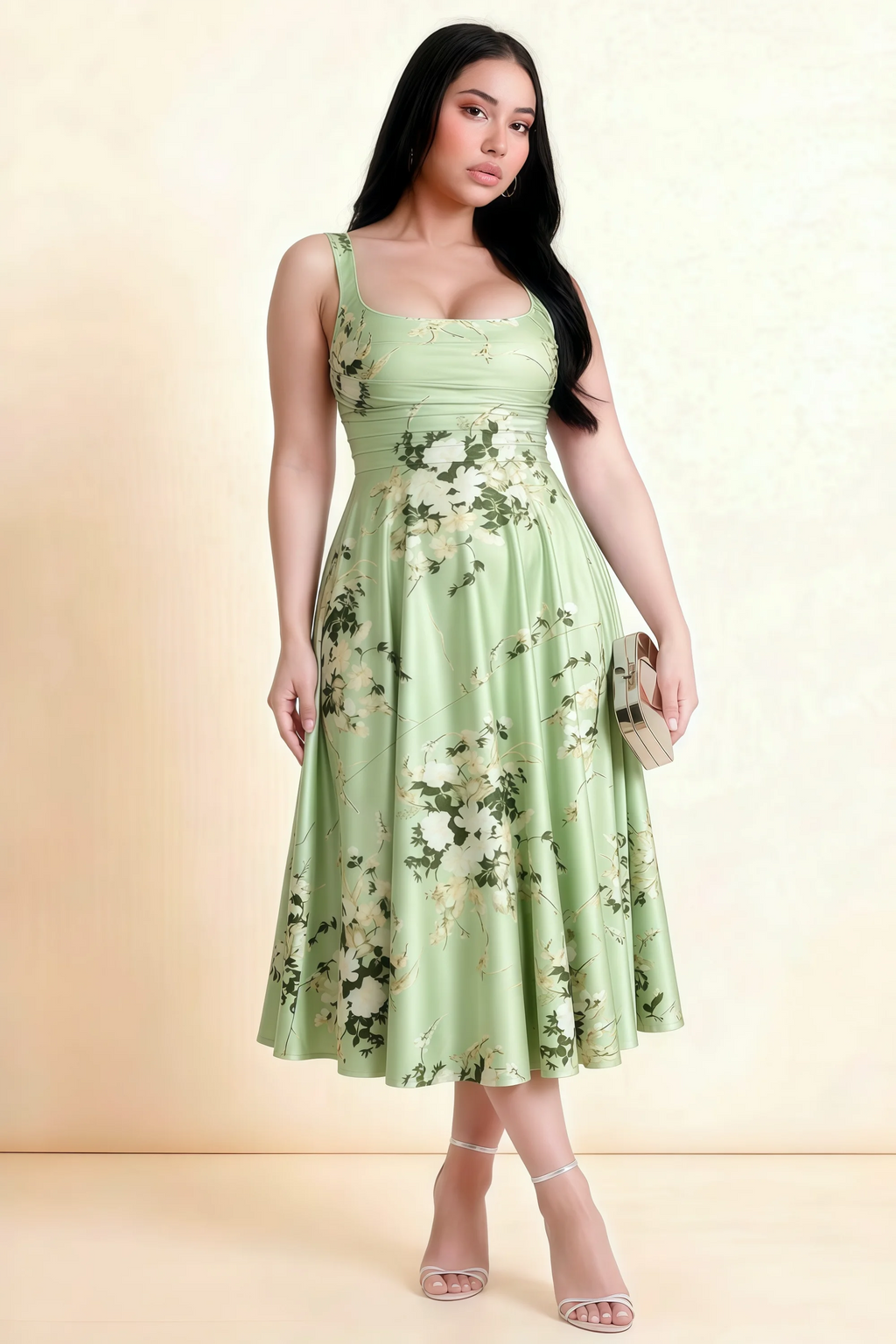 Abby Green Floral Square Neck Ruched Midi Dress
