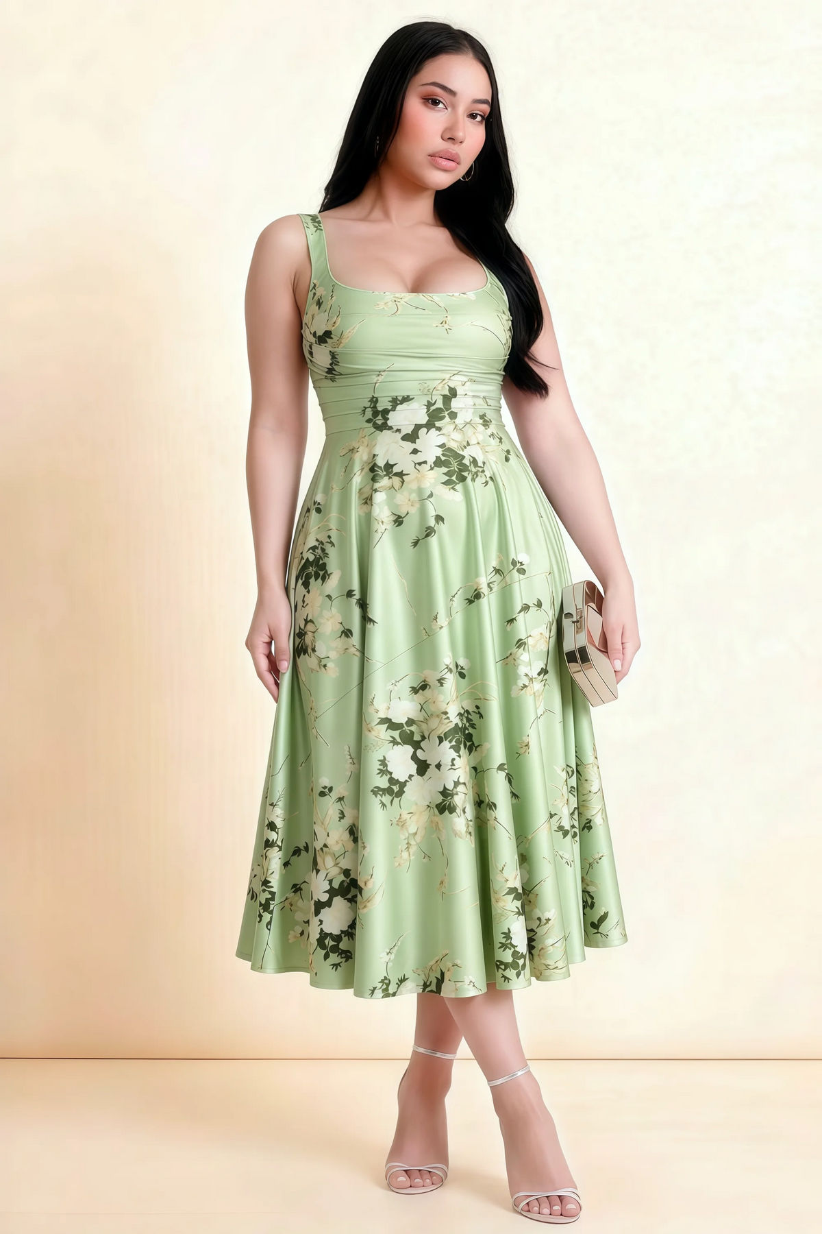 Abby Green Floral Square Neck Ruched Midi Dress