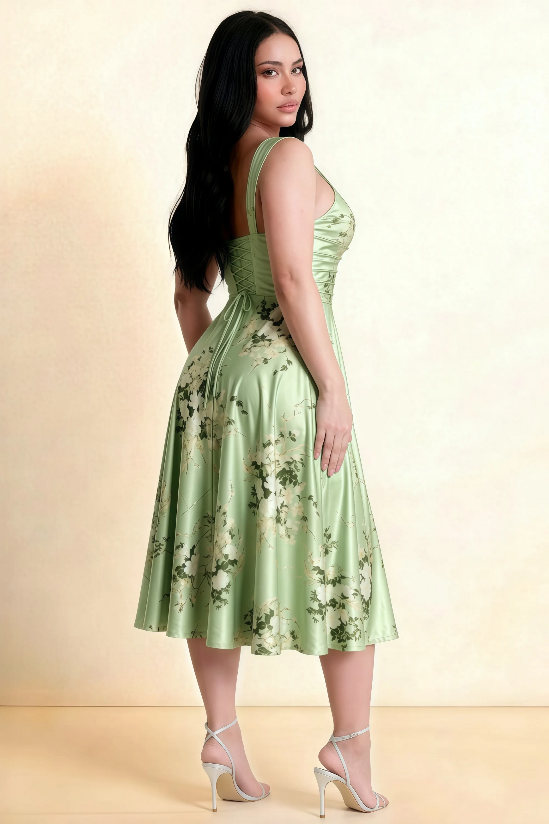 Abby Green Floral Square Neck Ruched Midi Dress