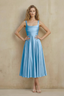 Abby Haze Blue Satin Square Neck Ruched Midi Dress