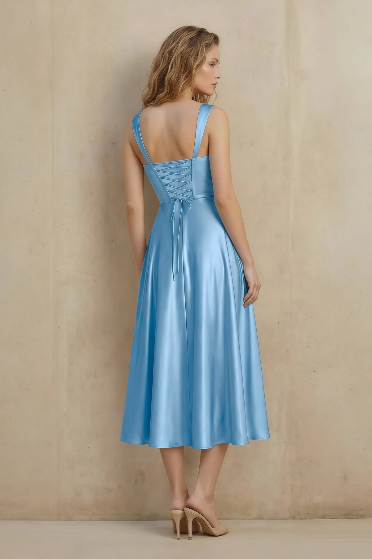 Abby Haze Blue Satin Square Neck Ruched Midi Dress
