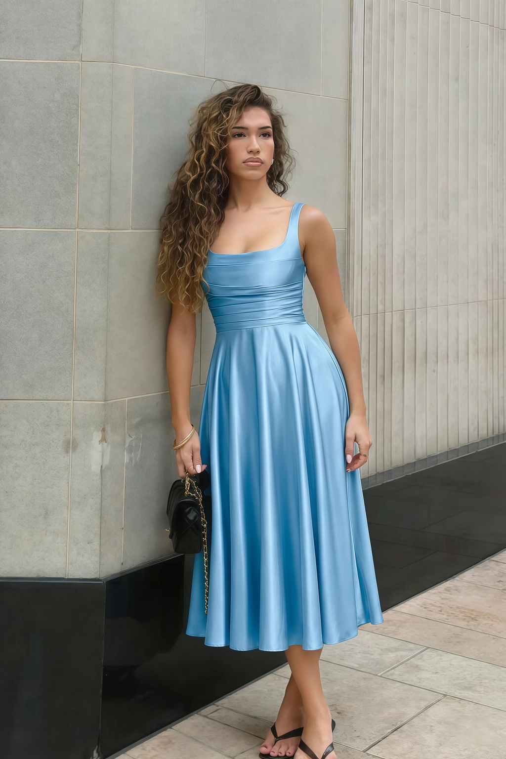 Abby Haze Blue Satin Square Neck Ruched Midi Dress