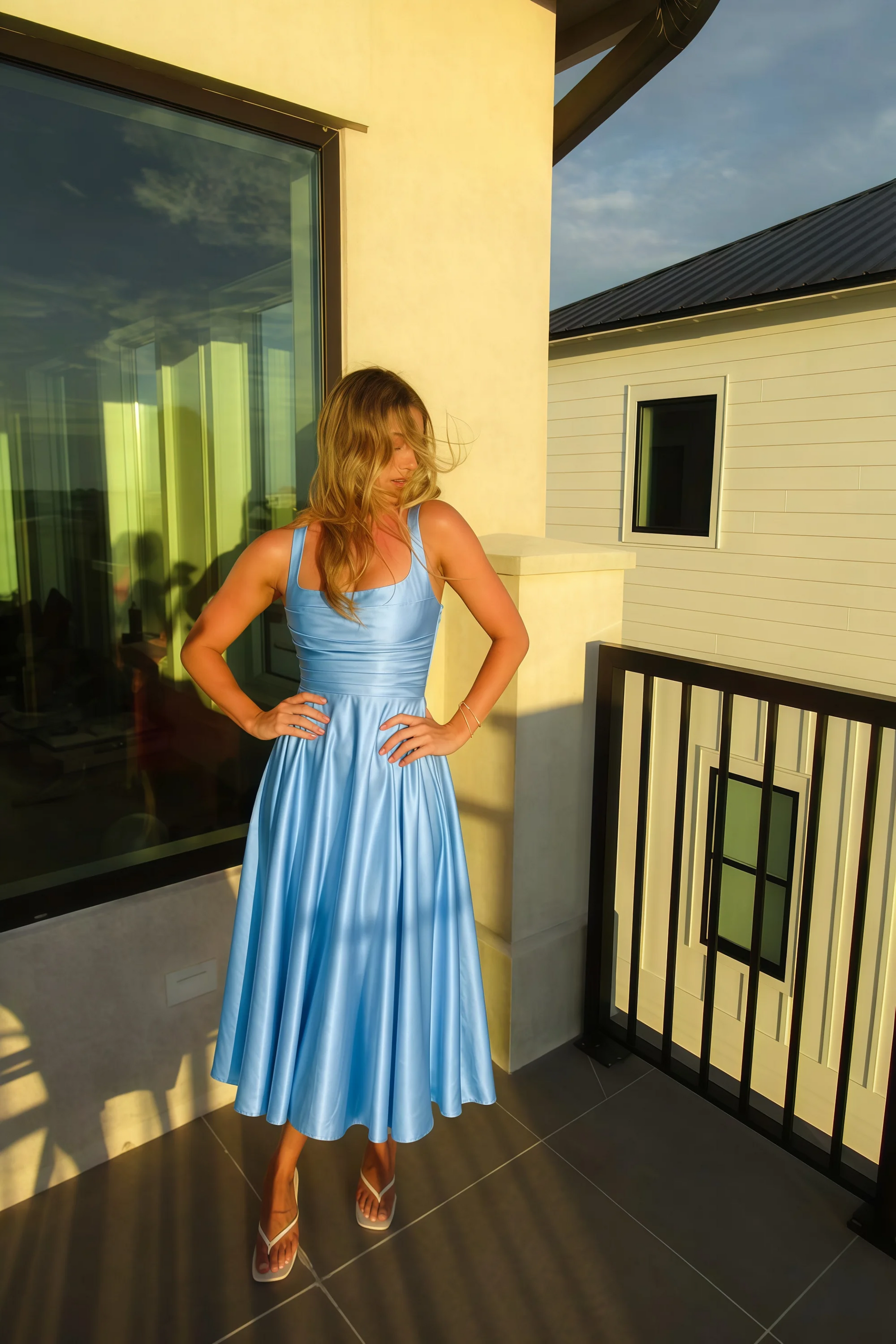 Abby Haze Blue Satin Square Neck Ruched Midi Dress