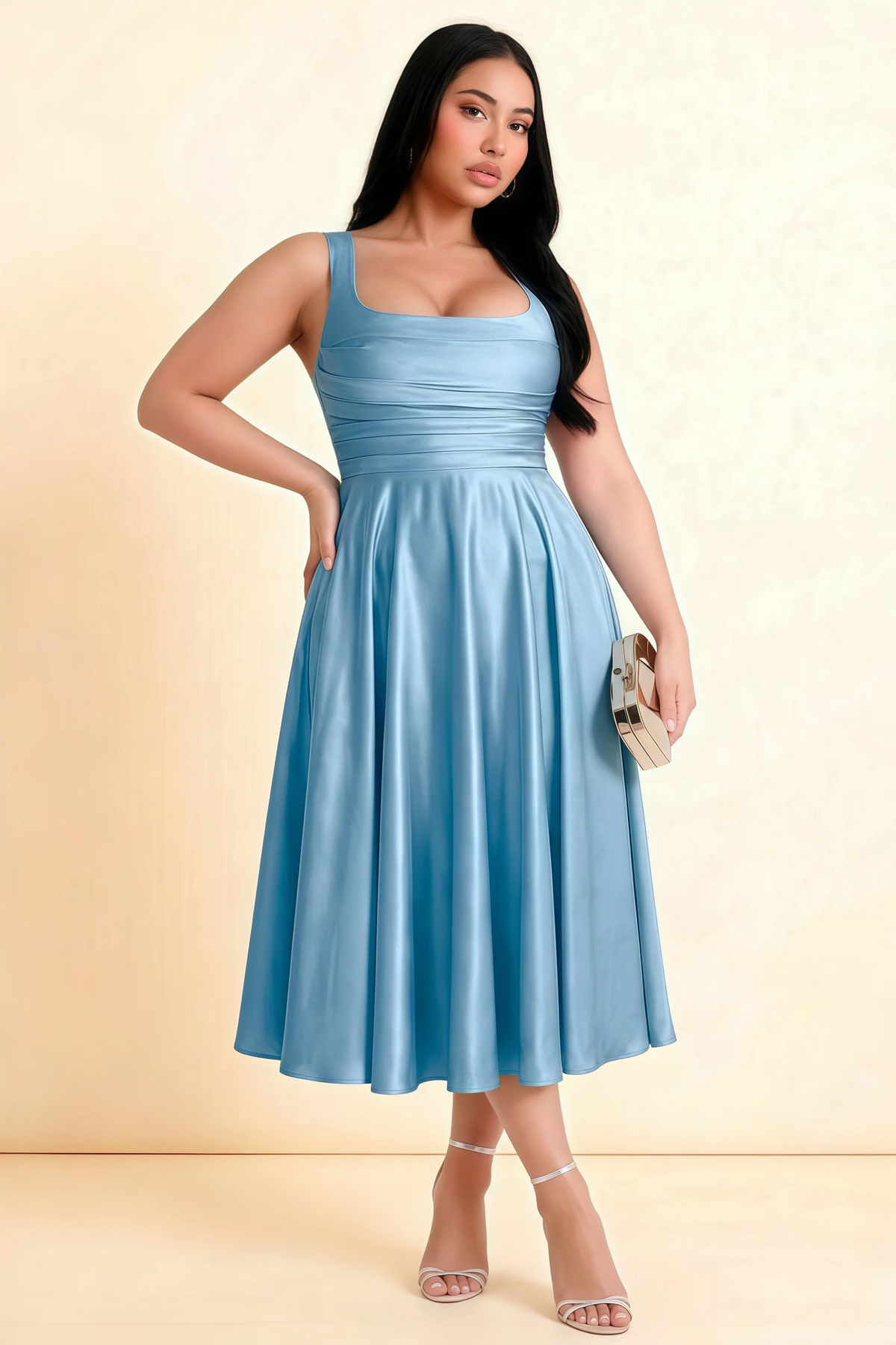Abby Haze Blue Satin Square Neck Ruched Midi Dress