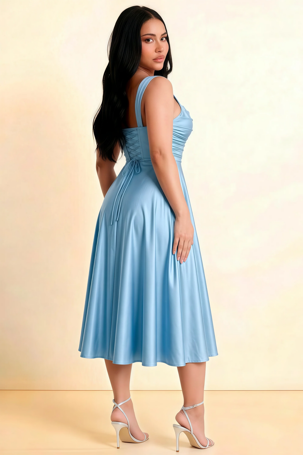 Abby Haze Blue Satin Square Neck Ruched Midi Dress