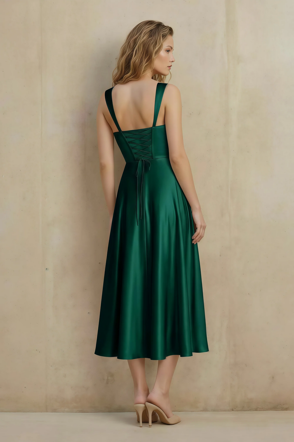 Abby Hunter Green Satin Square Neck Ruched Midi Dress