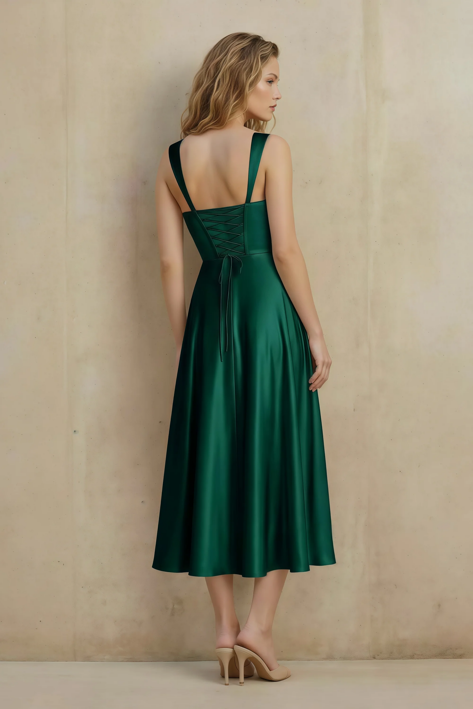 Abby Hunter Green Satin Square Neck Ruched Midi Dress